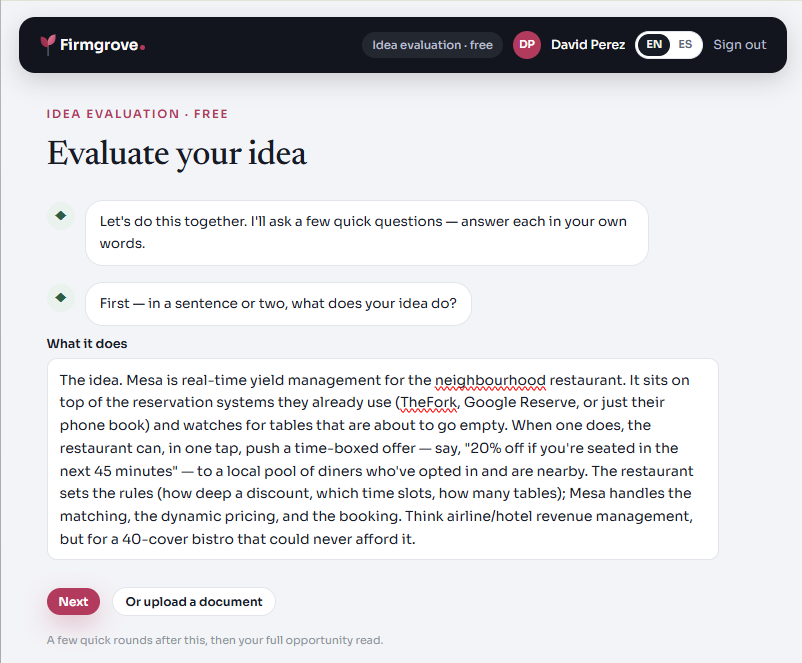 Idea evaluation, the free intro screen